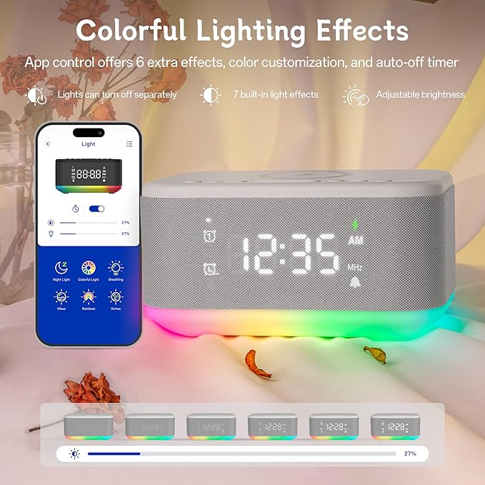 Bluetooth Alarm Clock Radio Bedroom, Digital Dual Alarm Clock Bedroom, Up to 10 Alarms Clock Night Light Speaker App/Button Control FM Charge Snooze Adjustable Brightness Dim 12/24H, Grey