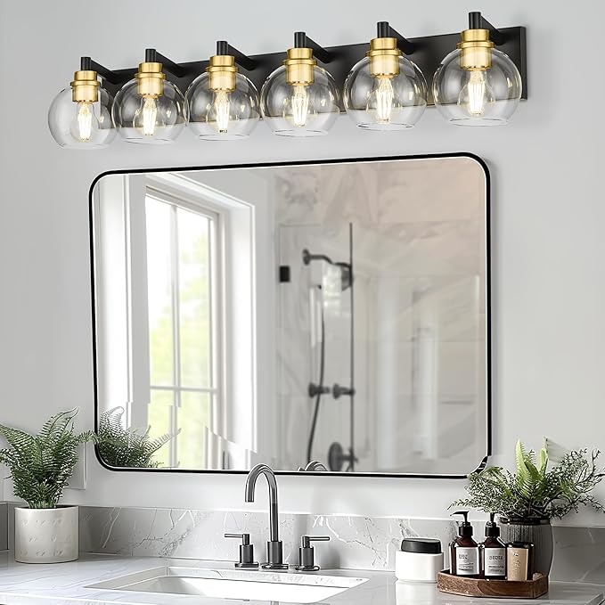 METWET Bathroom Light Fixtures, 6-Light Black and Gold Bathroom Vanity Light, 38 Inch Modern Wall Sconces with Globe Clear Glass Shade, Vanity Lighting Fixtures Over Mirror, VL195-KG-6
