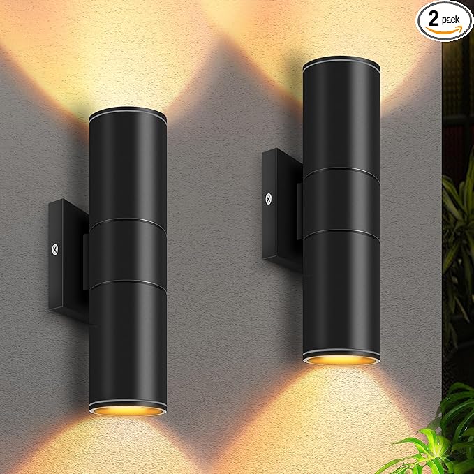 RIDALUX Outdoor Wall Light Cylinder Waterproof : 2 Pack Exterior Fixtures Wall Sconce with LED Up Down - Modern Outdoor Light for Porch Patio Garage