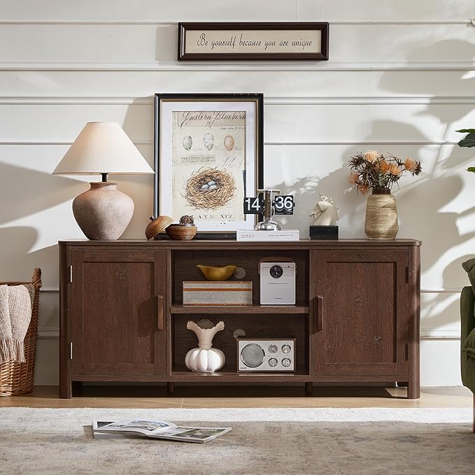 Joaxswe Farmhouse 55" Entertainment Center, Dark Walnut Tv Stand with Adjustable Shelves & 2 Door Storage,Wood Media Console Cabinet for TVs Up to 65 inches, Rustic Tv Stands for Living Room,Bedroom