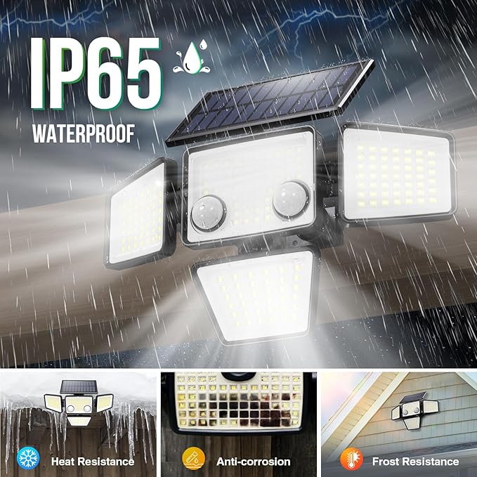 LYWALT Solar Outdoor Lights - 3000LM 188 LED Motion Sensor Outdoor Lights, 4 Heads Security Light,IP65 Waterproof, Easy Install,270°Wide Angle Flood Wall Light with 3 Modes for Backyard Yard (2 Pack)