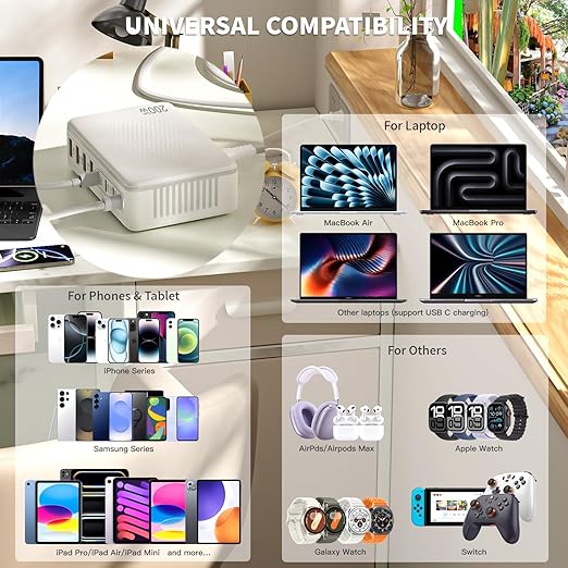 USB C Charger Block,200W Type C Charger Fast Charging,8 Port USB C & A Charging Station GaN III Desktop Hub Block Laptop Adapter for Apple iPhone Air/17/16/15,iPad Pro/Air/Mini,MacBook Pro/Air,Samsung