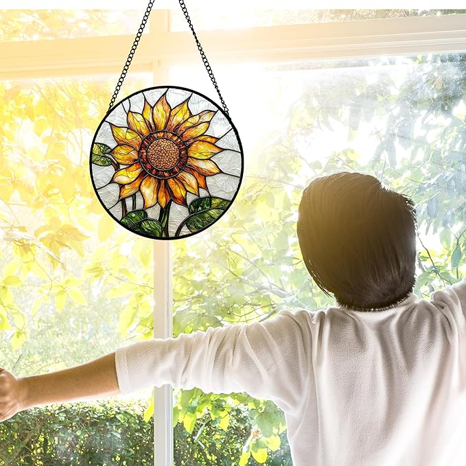 DASTOLL Stained Glass Window Hanging - Sunflower Flower Suncatcher Ready to Hang Window Doors Home Decoration and Christmas, Mother's Day Birthday Gifts for Women, Men, and Mom 9.8x9.8 in