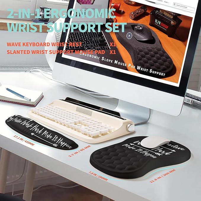 KUOSGM 2-in-1 Ergonomic Set, Wave Rise Keyboard Wrist Rest and Massage Bulge Slope Mouse Pad Wrist Support, Cushion Memory Foam Integrated to Relieve Wrist Pain, Stay Positive