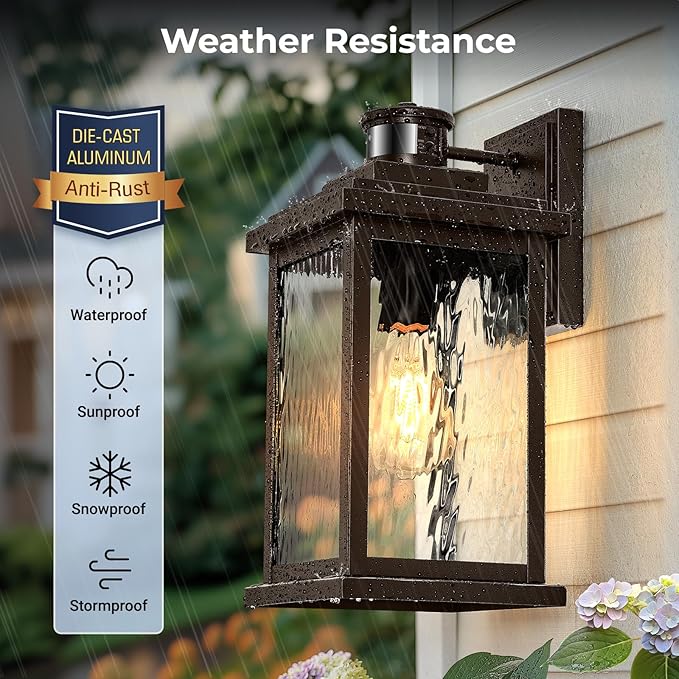 VIANIS 2 Pack Large Adjustable-Sensitivity Motion Sensor Outdoor Lights, Oil-Rubbed Bronze Porch Light with Tempered Ripple Glass, Aluminum Waterproof Outdoor Light Fixture, Exterior Lights for Garage