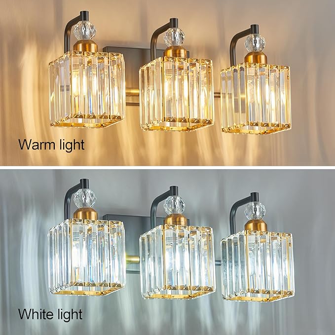 BBLLWJ Bathroom Vanity Lights 3-Light Bathroom Light Gold Brushed Brass Finish Crystal Vanity Light Fixtures Modern Black and Gold Bathroom Light Fixtures Over Mirror