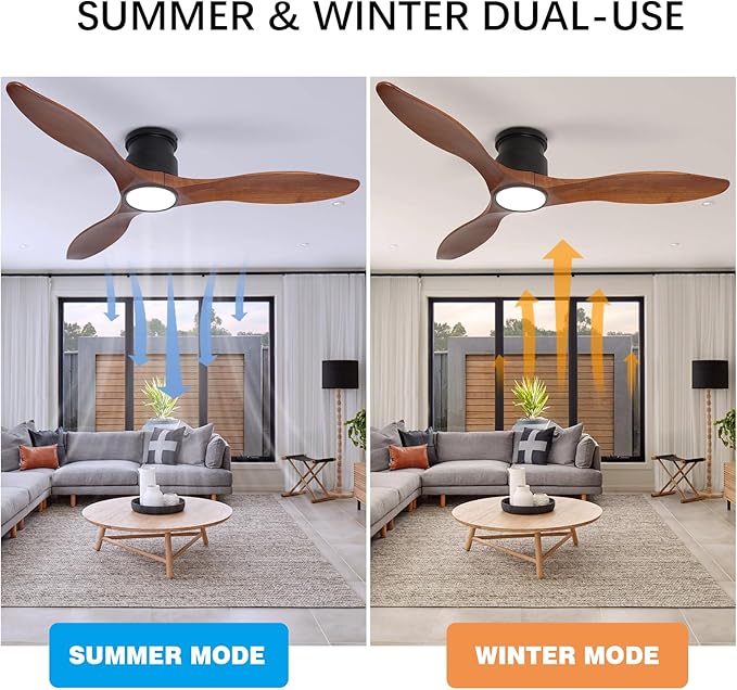 revoici 52Inch Wood Ceiling Fans with Lights and Remote Control, Indoor Outdoor Ceiling Fans Farmhouse, Low Profile Ceiling Fan with Light Timing 6 Speeds 3 Color Light Memory Lighting Reversible