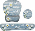 Mouse Pad Wrist Support and Keyboard Wrist Rest Set with Coasters, Dreamy Daisy Vintage Wood Board Live Love Laugh with Non-Slip PU Base Ergonomic Mousepad for Home Office Working Studying