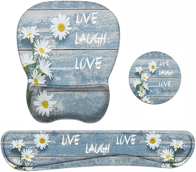 Mouse Pad Wrist Support and Keyboard Wrist Rest Set with Coasters, Dreamy Daisy Vintage Wood Board Live Love Laugh with Non-Slip PU Base Ergonomic Mousepad for Home Office Working Studying