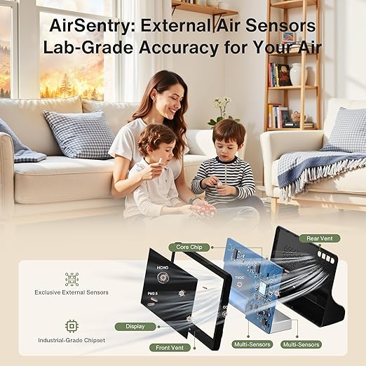 bonoch 16 in 1 Air Quality Monitor Indoor 7" Display 9 AQI+7 AQI Alerts, CO2 Monitor Air Quality Tester for CO2, TVOC, PM2.5 PM1.0 PM10, HCHO Temperature Humidity AQI & Time Air Quality Meter for Home