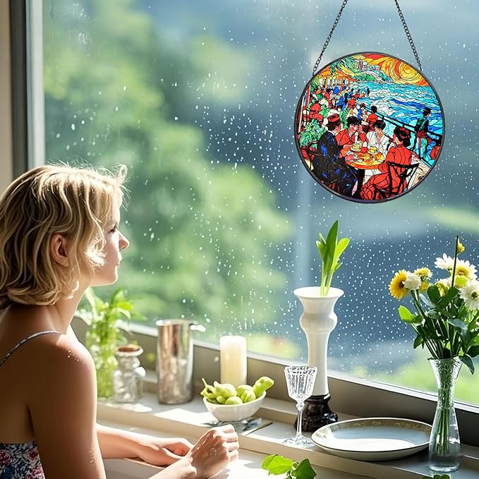 Stained Glass Window Hanging, Stunning 8''/20CM Suncatchers for Windows with Fade Resistant Hand-Painted Decorative Hanging Ornaments Captures Sunlight to Create a Vibrant Atmosphere (Beach Cafe)