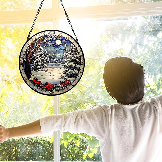 DASTOLL Stained Glass Window Hanging Christmas Tree Winter Snow Night Scenery Large 11.8" - Suncatcher Door Garden Kitchen Sun Catcher Home Decor Birthday for Mom Men Woman Friend