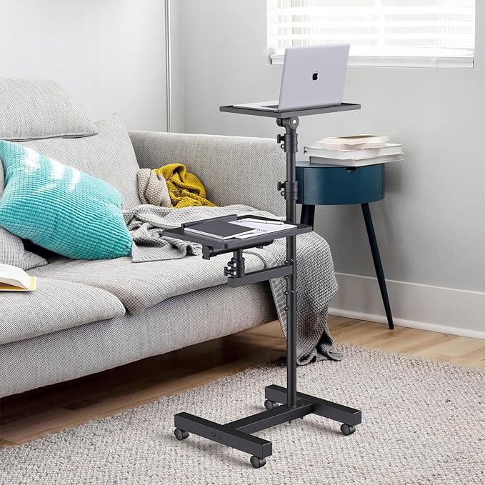 Facilife 2 Shelves Projector Stand Tripod, Height Adjustable Max 64", Mobile Laptop Cart on Wheels Projector Tripod Stand, Overbed Table with Wheels, Rolling Laptop Floor Stand for Couch