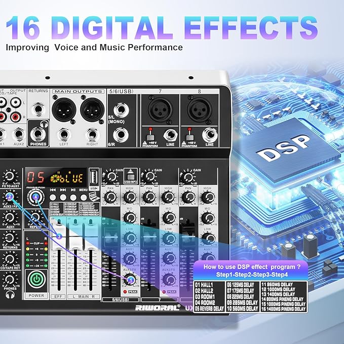 8 Channel Audio Mixer DJ Mixer Sound Board Console 16 Dsp USB Audio Interface MP3 Input +48V Phantom Bluetooth Studio Mixer Audio For Karaoke Streaming Recording