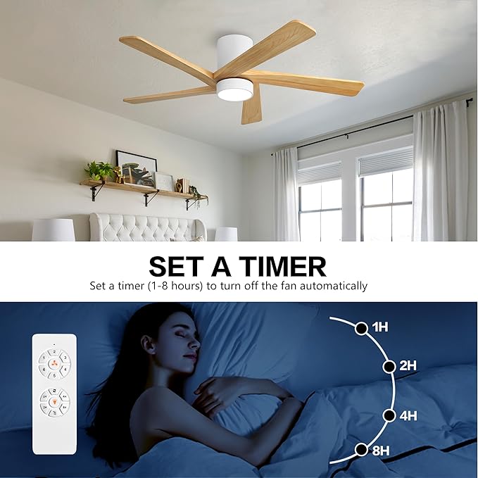 WINGBO 48 Inch Flush Mount DC Ceiling Fan with Lights and Remote, 5 Reversible Carved Wood Blades, 6-Speed Noiseless DC Motor, Hugger Ceiling Fan in White Finish with Oak Blades, ETL Listed