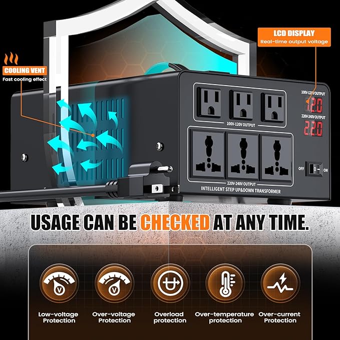 8000W Voltage Converter Transformer Step Up 110V/120V to220V/240V or Step Down 220V to 110V AC Power Converte, Circuit Breaker Protection, 3 US sockets, 3 Universal sockets, LCD Display
