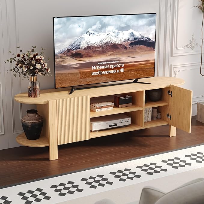 ZOSQUARE 65 Inch TV Stand for Up to 75 inch TVs, Fluted Entertainment Center with Adjustable Shelve, Curved Round Corner TV Console Table with Storage Cabinet for Living Room, Bed Room (Natrual Wood)