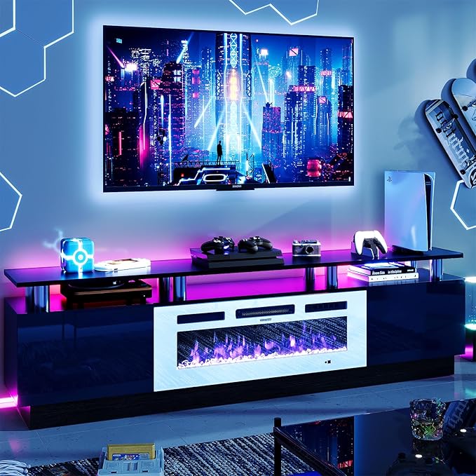 oneinmil Fireplace TV Stand with 36” Electric Fireplace, 80” 2 Tier TV Console Stand for TVs Up to 90", LED Light Entertainment Center, Fireplace for The Living Room TV Stand, Black