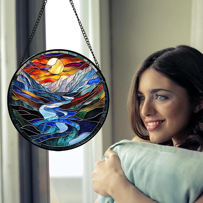 AMDERVEN Stained Glass Window Hanging, Canyon Mountains Sunset View Sun Catcher for Window Home Decor Landscape Suncatcher Mother's Day Birthday Gifts for Women Men Mom and Nana 6.3 in