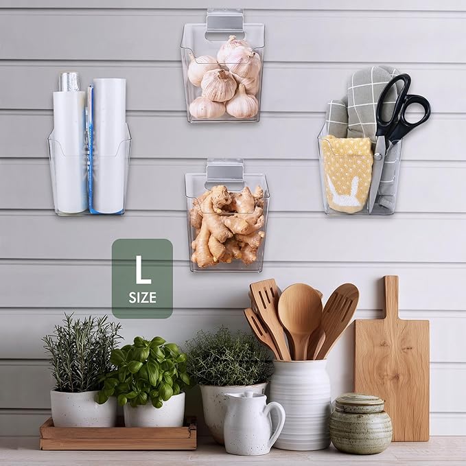Clear Slatwall Bins, 4 Pack Slat Wall Accessories Cups Hooks Assemble Set Fit Most Slat Board Storage Systems Transparent Display Hanging Holder Organizers for Garage Shed Office Craft Tool (Large)