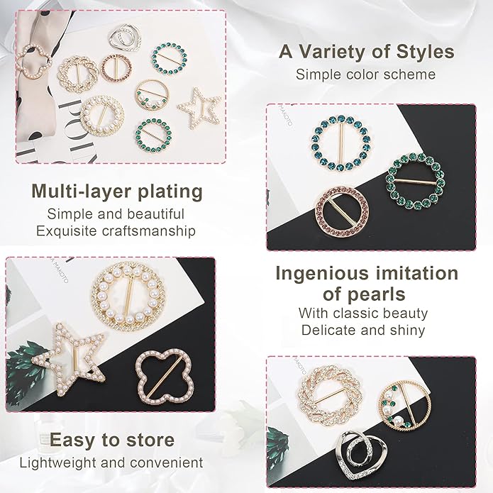 T-Shirt Clips 9 PCS, Clothes Corner Knotted Button, Fashion Alloy Pearl Rhinestone Circle Clip Buckle Round Shirt Silk Scarf
