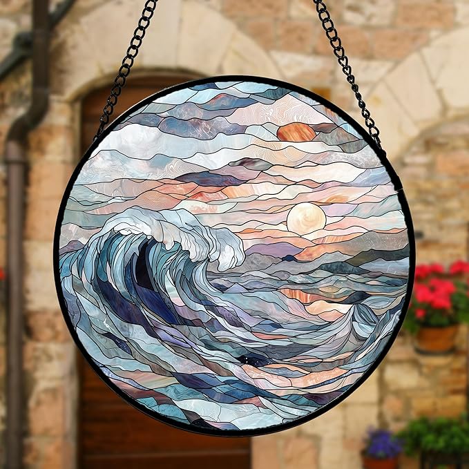 DASTOLL Stained Glass Window Hanging, Sunrise Waves Sun Catchers Diamond Glass Panel Hangings Abstract Suncatcher Decor for Birthday for Women, Men, Wife, Aunt, and Mom 7.8 in