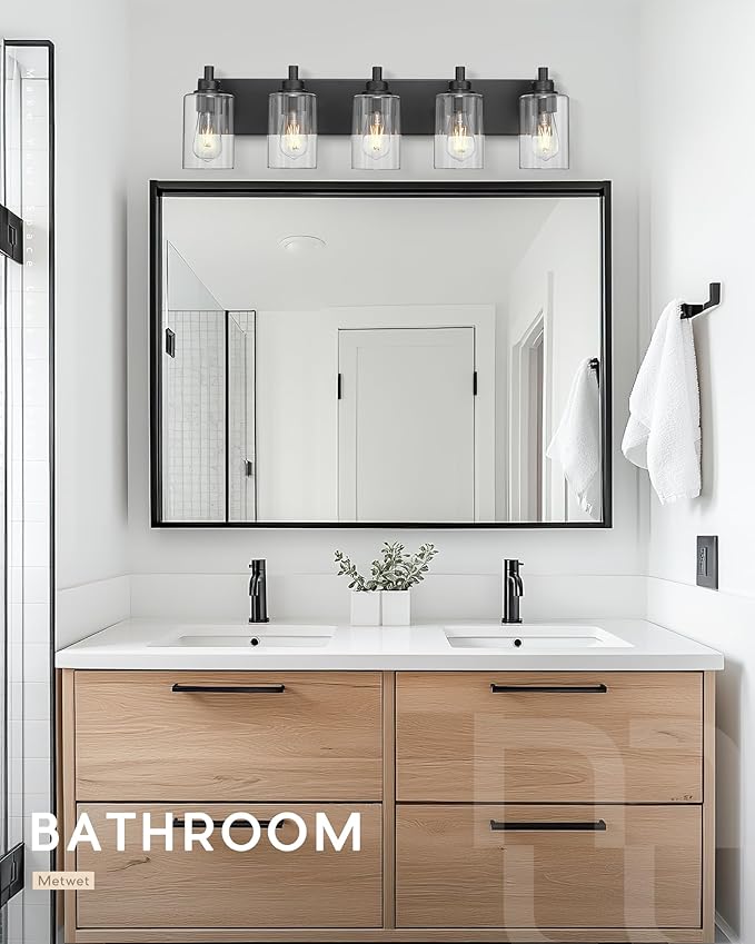 METWET 5-Light Bathroom Light Fixtures, 30 Inch Black Vanity Light with Cylinder Clear Glass Shade, Modern Vanity Lighting Fixtures Over Mirror, VL143-MB-5