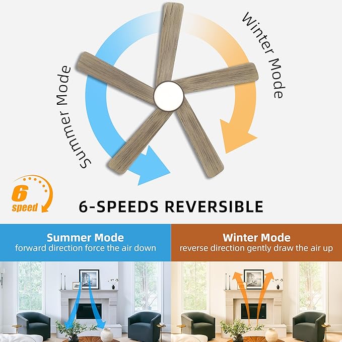 WINGBO 48 Inch DC Ceiling Fan with Lights and Remote Control, 5 Carved Solid Wood Blades, 6-Speed Noiseless Reversible DC Motor, Indoor Ceiling Fan in Graphite Finish with Gray Blades