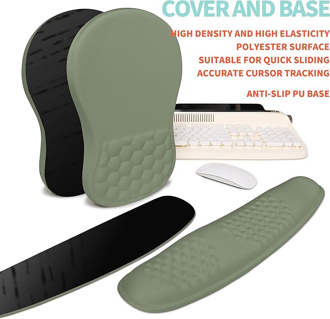 KUOSGM 2-in-1 Ergonomic Set, Wave Rise Keyboard Wrist Rest and Massage Bulge Slope Mouse Pad Wrist Support, Cushion Memory Foam Integrated to Relieve Wrist Pain, Olive Green