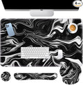 Britimes Black White Marble Keyboard Mouse Pad Set 4in1 Large Mousepad+Keyboard Wrist Rest+Mouse Wrist Rest+Coaster Ergonomic Design for Home Office Computer 35.4x15.7 inches