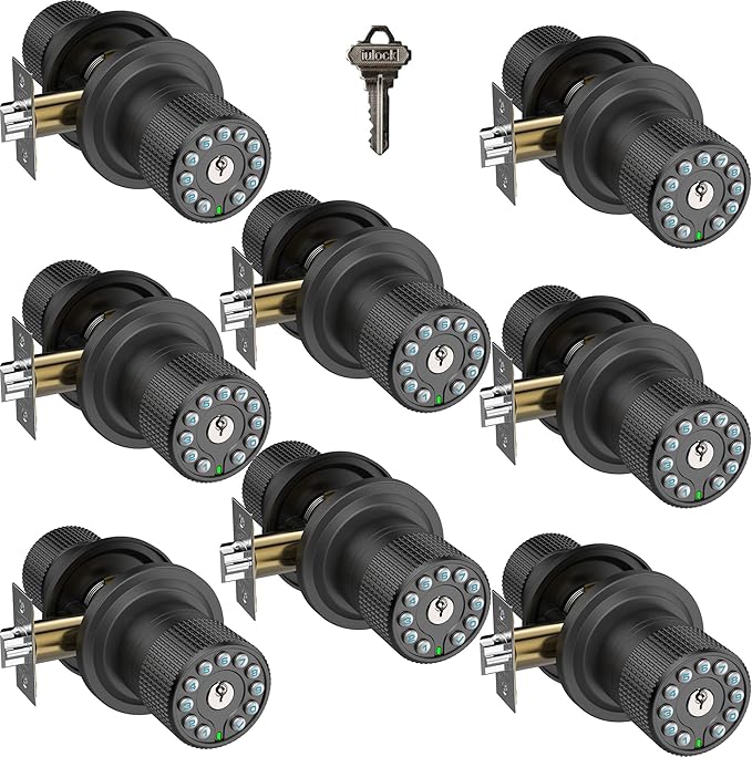 iulock Smart Door Knob with Keypad and Key,Keyless Entry Door Lock with Rubber Grip, Auto Lock,50 User Code,Waterproof, Easy to Install and Program for Bedroom(Matte Black Same Key 8 Pack)