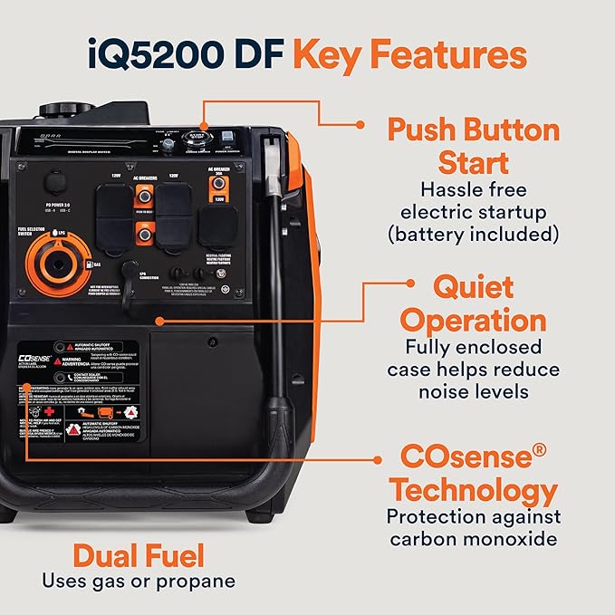 Generac 5,200-Watt Dual-Fuel Portable Inverter Generator - Gas and Propane Compatible - Quiet Operation - Produces Clean, Stable Power - Great for Home Backup, Camping, and RV Use