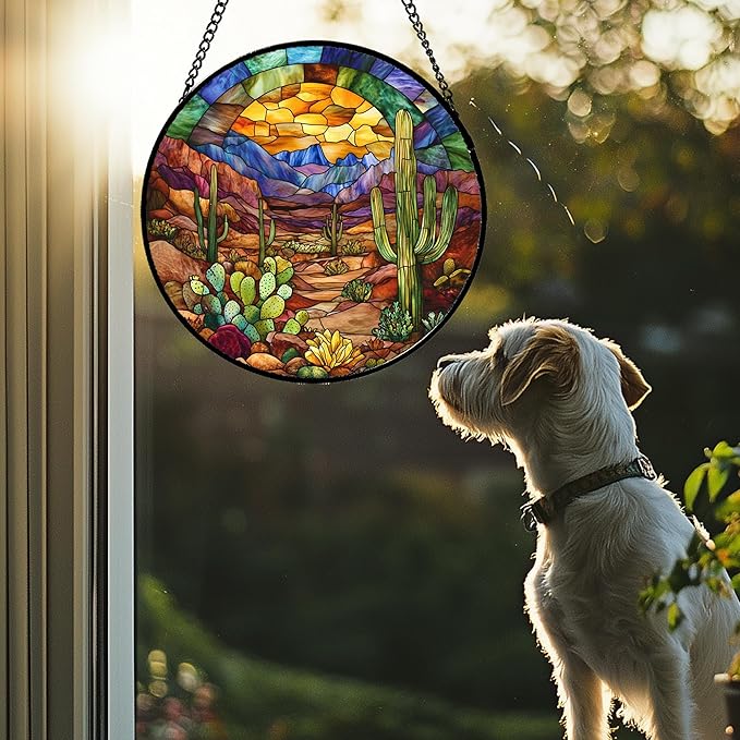 CRISGIF Stained Glass Window Hanging Cactus Mountains Landscape 9.8" - Suncatcher Door Garden Sunroom Sun Catcher Home Decor Birthday Christmas for Mom Men Woman Nana