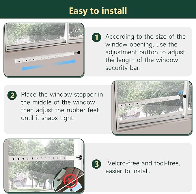 WooFog Window Security Bars Adjustable, Window Bars Security Inside Vertical, Heavy Window Ac Lock Bar with Rubber Feet for Up and Down Windows, 17-32 inch Double Hung Window Stopper -2 PCS Patented