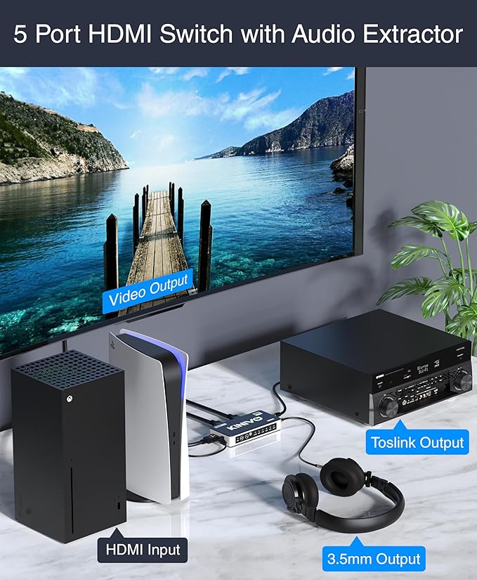 Kinivo HDMI Switch with Audio Extractor 560BNT (5 in 1 Out Hub, Toslink Optical Audio Port, SPDIF, 4K 60Hz Switcher, 18Gbps, IR Remote) - Compatible with Gaming Console, Cable TV, PC, Dolby Digital