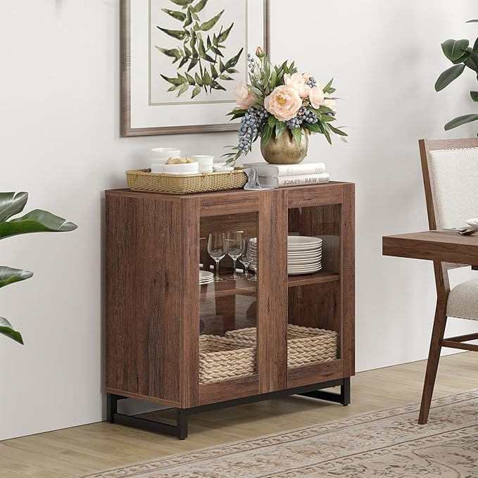 WAMPAT Modern TV Stand with Glass Doors for 32-40 inch TVs, Entertainment Center TV Console with Adjustable Shelves for Living Room, Bedroom, Brown