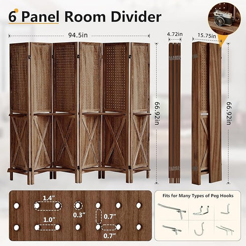 Aleesing 6 Panel Pegboard Display with Shelf, Wooden Pegboard Room Divider Wall with 24 Hooks, Partition Room Dividers and Folding Privacy Screens, Bedroom, Jewelry Store, Brown