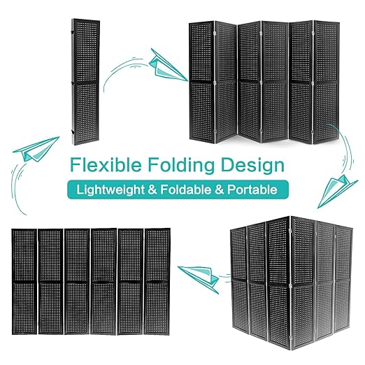 Babion 6 Panel Pegboard Display, Peg Board Room Divider Freestanding Folding Privacy Screens Display Stand for Craft Shows (Black)