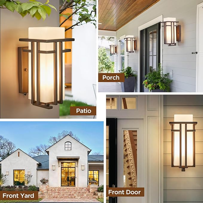 EERU Oil Rubbed Bronze Porch Light Dusk to Dawn Outdoor Sconce Matte Brown Wall Lantern with Frosted Glass Outside House Lighting Waterproof Exterior Light Fixture for Patio Yards Garage Front Door
