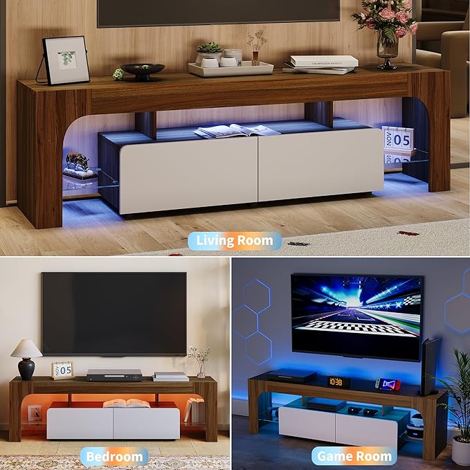IDEALHOUSE LED TV Stand for 55 to 75 Inch TV, Walnut Entertainment Center with Storage Drawer & Glass Shelves, Modern TV Console Table with Color Changing Lights for Living Room Bedroom