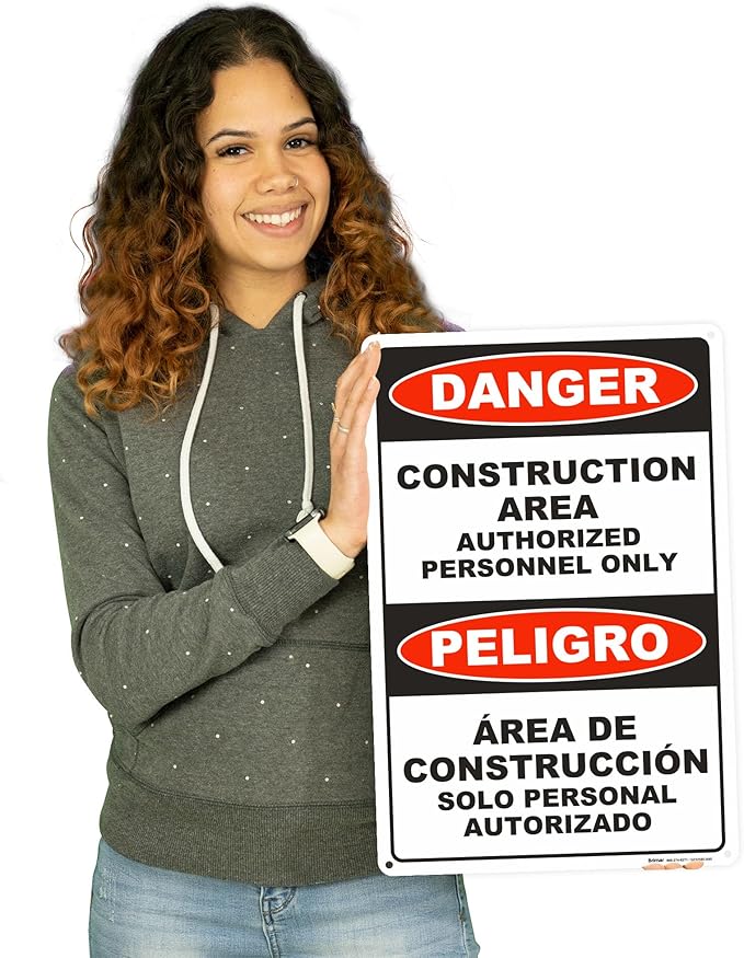 Brimar - 12" x 18" - Bilingual Danger Construction Area Authorized Only Sign - .063″ White Rust-Free Aluminum - Bold Text And Symbol - Easy Installation