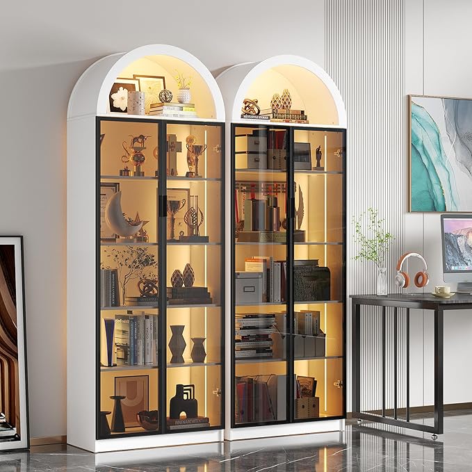 Dystler Display Cabinet with Doors and Adjustable Shelves, 76" Tall Display Case with LED Lights/Arch Storage Space, 6 Tier Bookcase for Collectibles Bedroom Living Room Office, White