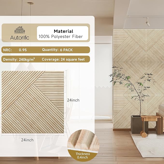 Autorific Acoustic Wall Panels,6 Pack Total Size 72 x 48 Inches,Self-Adhesive Decorative Acoustic Panels for Wall and ceiling,3D UV Printing with Wood Look,Rustic Oak