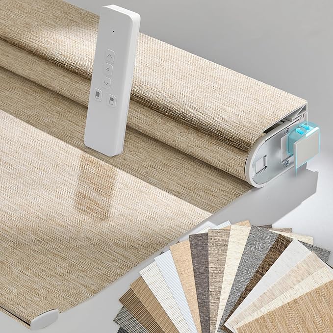 Persilux Smart Motorized Blinds with Remote, No Drill Automatic Roller Shades for Indoor Windows, Light Filtering Linen Fabric, Electric Blinds for Windows, Nature Khaki C25-3, Custom Size