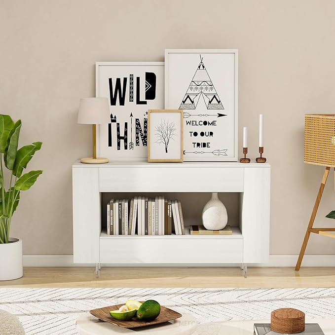 Vavkorkula TV Stand for 55 Inch with 2 Large Drawers & Hidden Storage Cabinets, Modern Farmhouse Entertainment Center Television Stands for Living Room Bedroom, White