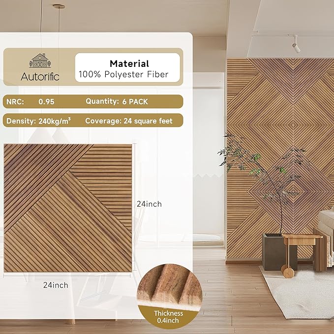 Autorific Acoustic Wall Panels,6 Pack Total Size 72 x 48 Inches,Self-Adhesive Decorative Acoustic Panels for Wall and Ceiling,3D UV Printing with Wood Look,Beech
