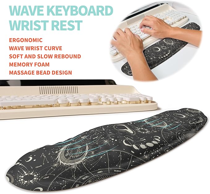 KUOSGM 2-in-1 Ergonomic Set, Wave Rise Keyboard Wrist Rest and Massage Bulge Slope Mouse Pad Wrist Support, Cushion Memory Foam Integrated to Relieve Wrist Pain, Constellation