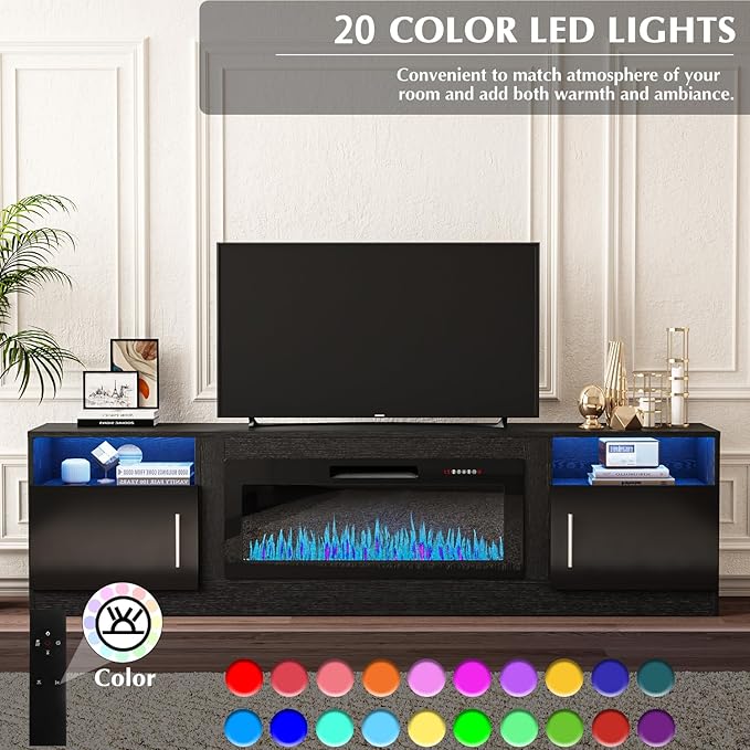 VITESSE TV Stand with 36" inch Electric Fireplace Up to 90" TVs, LED Light Entertainment Center, 80" Modern Wood High Gloss Fireplace with Highlight Storage Cabinet for Living Room (Black)