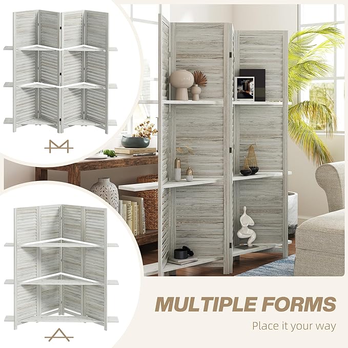 HOMCOM Room Divider, 4 Panel 67" Tall Wood Privacy Screen with 3 Display Shelves, and Folding Storage for Bedroom or Home Office, Distressed White