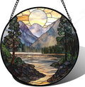 AMDERVEN Stained Glass Window Hanging, Sunset Mountains Lake Tree Sun Catcher for Window Home Decor Landscape Suncatcher Mother's Day Birthday Gifts for Women Men Mom and Nana 11.8 in